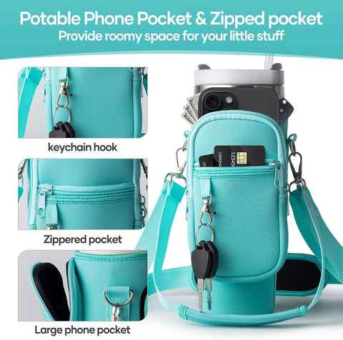 linmaya Water Bottle Carrier Bag for Stanley Cup 40/30oz with Phone Holder Pockets,Neoprene Water Bottle Cross-body Bag with Adjustable Shoulder & Hand Strap Stanley Cup Accessories
