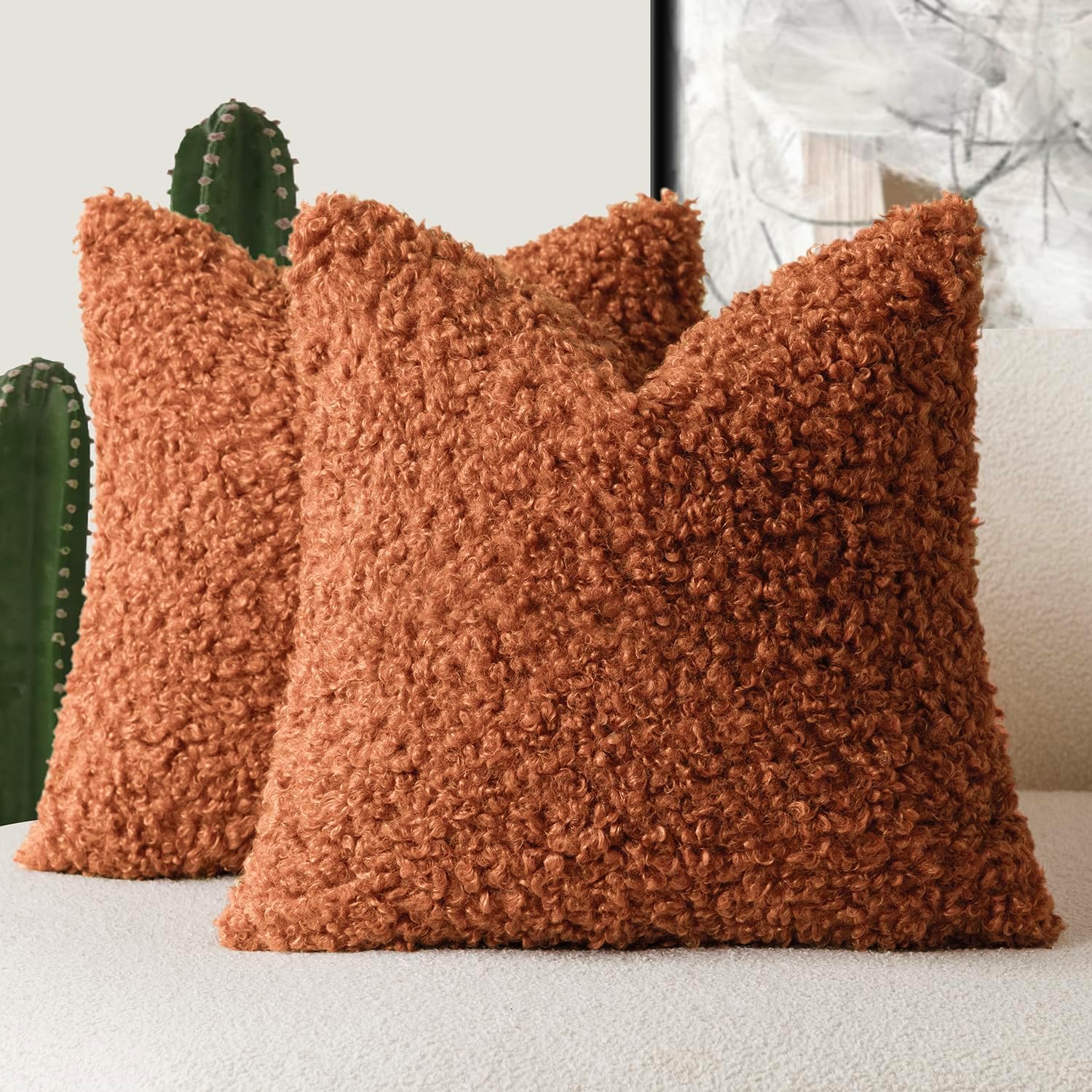 Foindtower Decorative Fuzzy Faux Fur Throw Pillow Covers 26x26 Burnt Orange