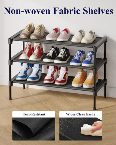 Kitsure Shoe Rack - Non-Woven Shoe Rack Shelf, 27.5" Wide - 3 Tier, Black