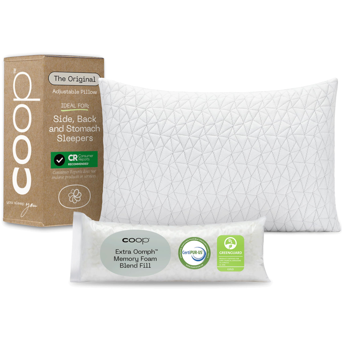 Coop Home Goods Original Adjustable Pillow, Queen Size Bed Pillows for Sleeping, Cross Cut Memory Foam Pillows - Medium Firm Back, Stomach and Side Sleeper Pillow, CertiPUR-US/GREENGUARD Gold