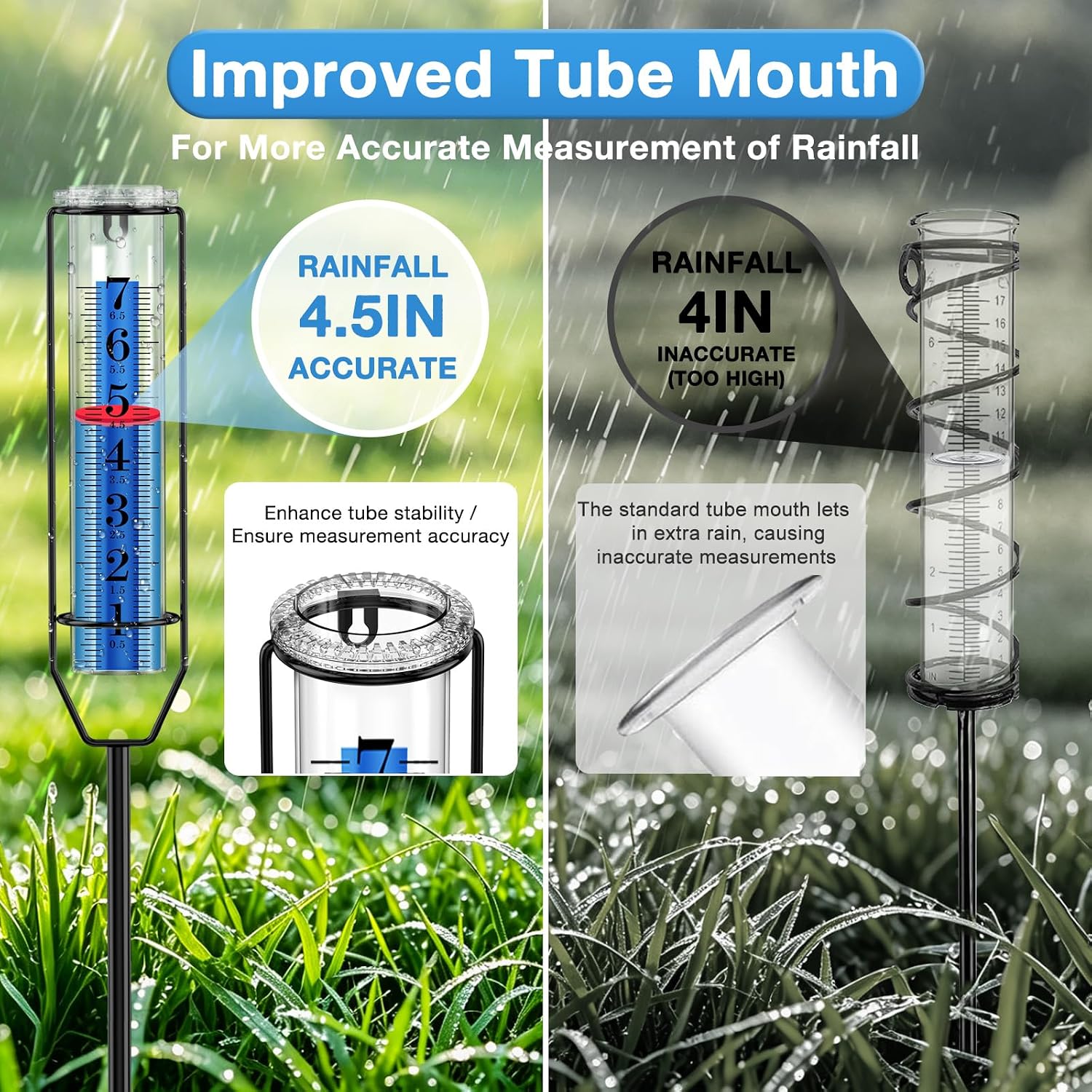 FINEST+ Upgraded Rain Gauge, 7" Freeze Proof Rain Gauge Outdoor Best Rated, Large Clear Numbers and Adjustable Height Rain Measuring Tool for Garden, Lawn and Farm