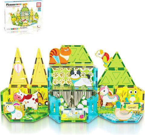 PicassoTiles Magnetic Tile Farm Animal Building Playset with 8 Character Figures STEM Construction Toy for Kids Age 3 Plus Educational Pretend Play Learning Blocks Farmyard Creative Activity Kit PTQ17