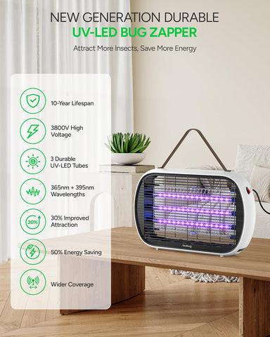Buzbug Upgraded LED Bug Zapper Indoor, LED Bulbs Up to 50,000 Hours, 3 Lamps Sustainable Less Power, 3800V Powerful Electric Mosquito Zapper, Fly Trap Mosquito Trap, Fly Killer Fly Zapper