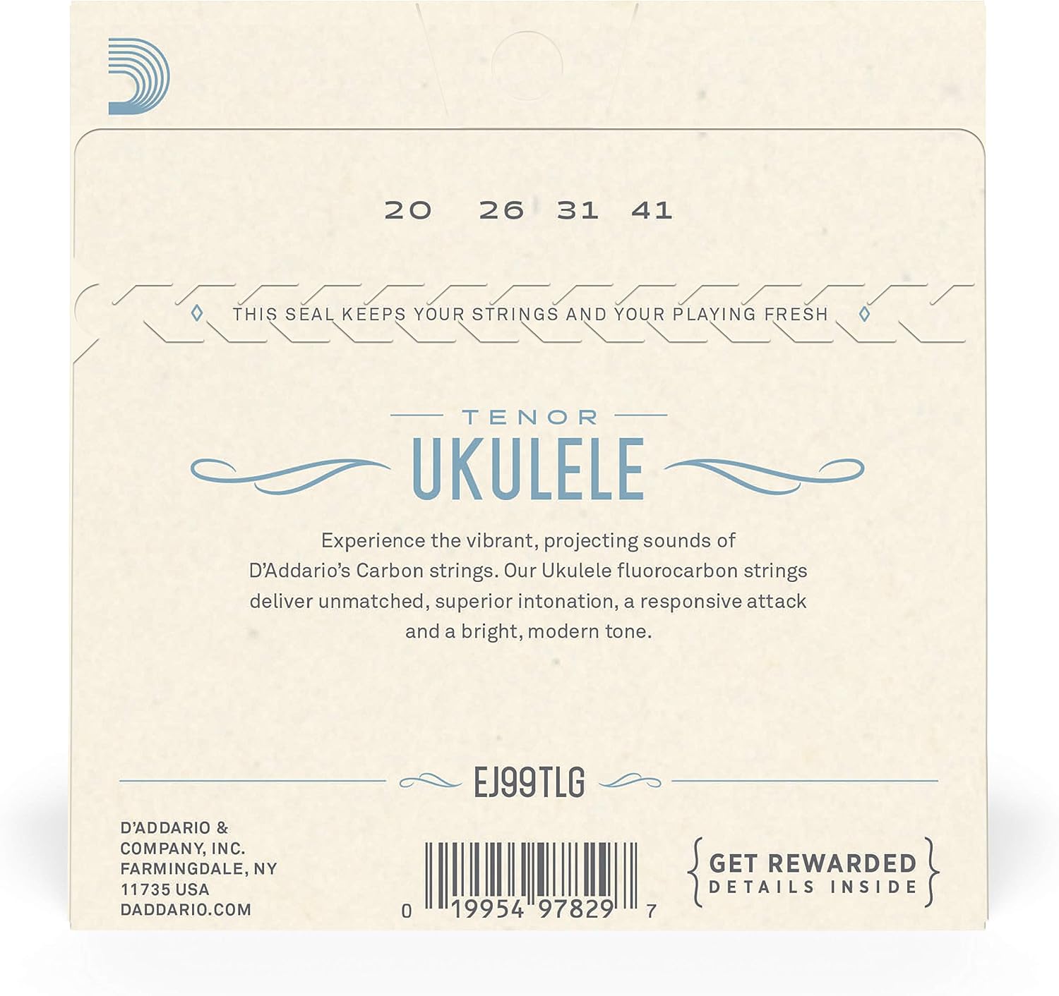 D'Addario Ukulele Strings Fluorocarbon Tenor EJ99TLG Low-G, 4-String Set