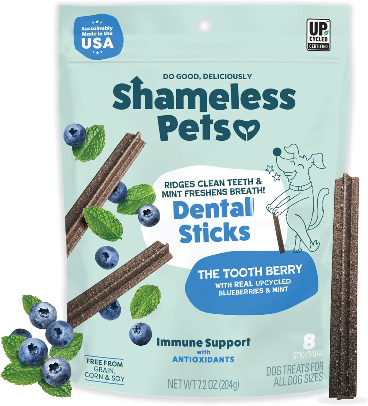 Shameless Pets Blueberry & Mint Dental Chews for Dogs, 8 Chews