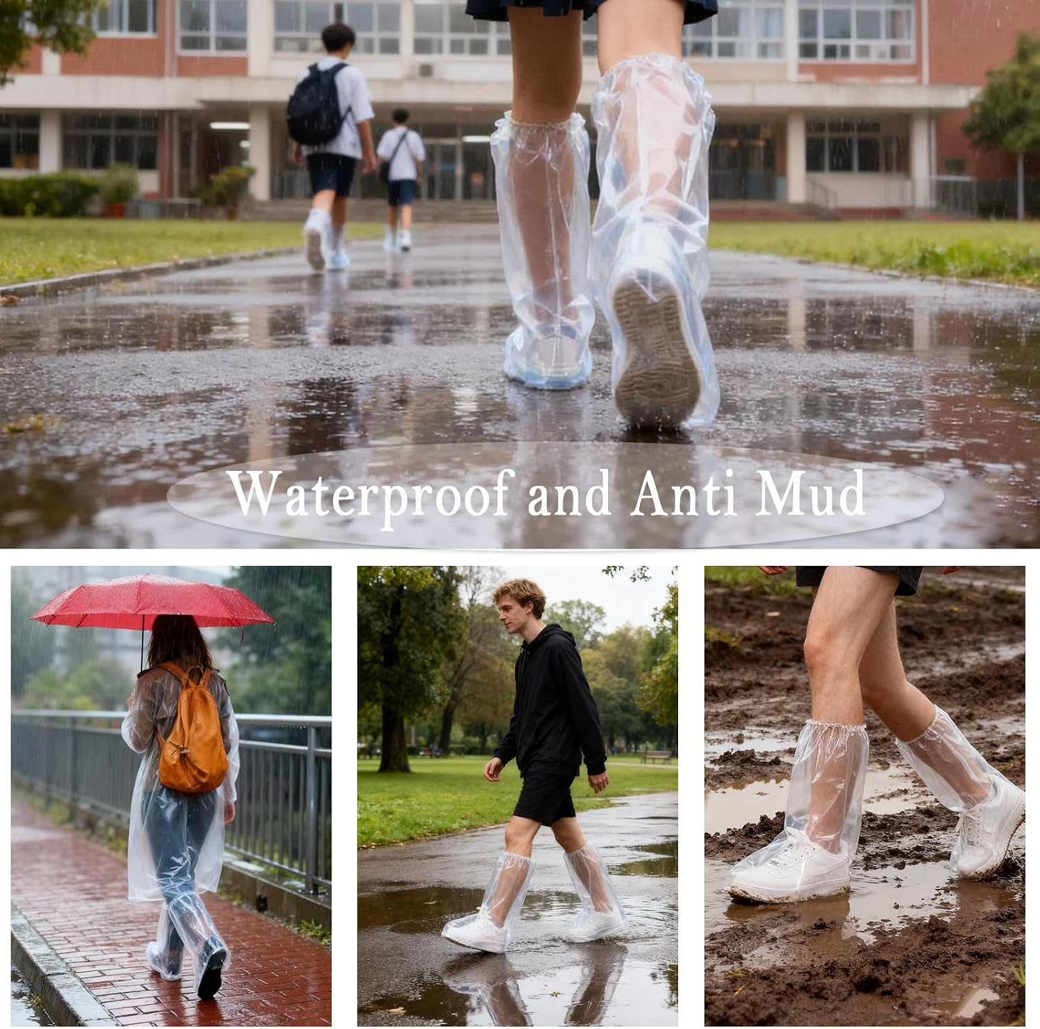 Long Rain Boot Covers for Adults, 20 Pcs Extended Length Plastic Shoe Covers for Rain for Use in Water Parks, Rain and Snow (clear, adult(long))