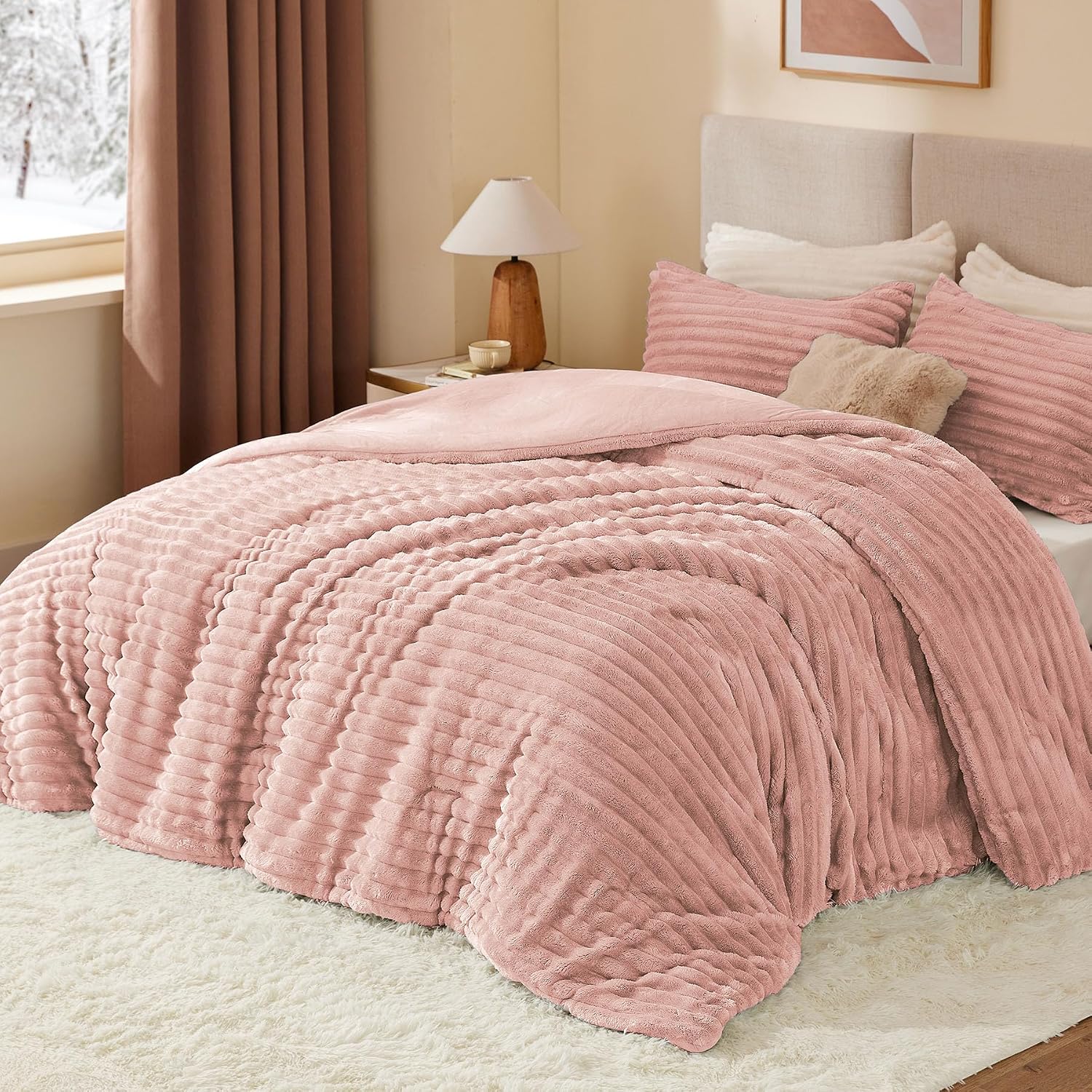 BEDELITE Fleece Twin/Twin XL Comforter Set, Fluffy Bed Set, Dusty Pink