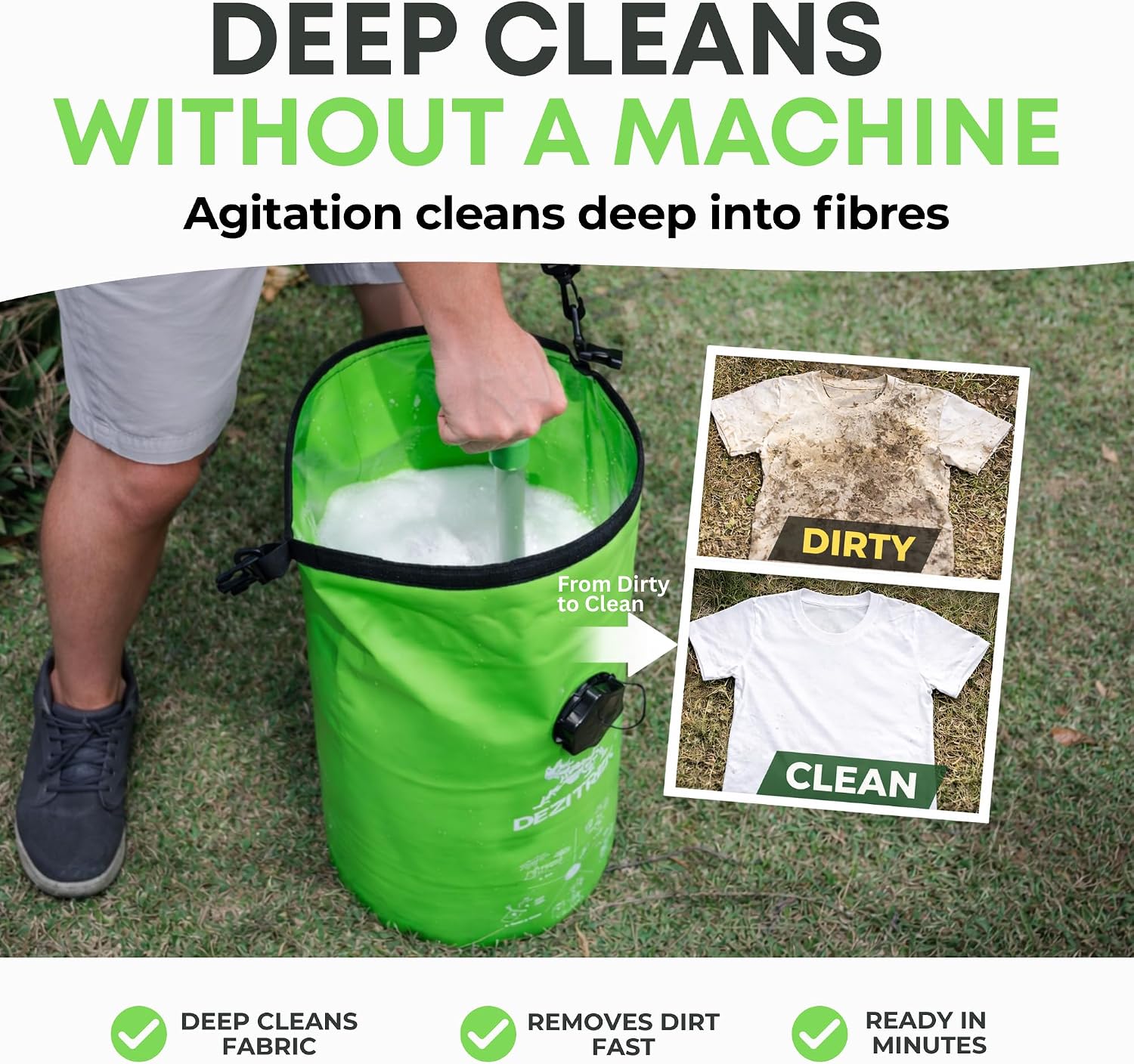 All in One Hand Wash Bag and Plunger Set - Off Grid Washing Machine Non Electric for Camping Travel | Eco Friendly Portable Manual Clothes Washer Laundry Bag for RV's (Medium)