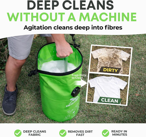 All in One Hand Wash Bag and Plunger Set - Off Grid Washing Machine Non Electric for Camping Travel | Eco Friendly Portable Manual Clothes Washer Laundry Bag for RV's (Medium)