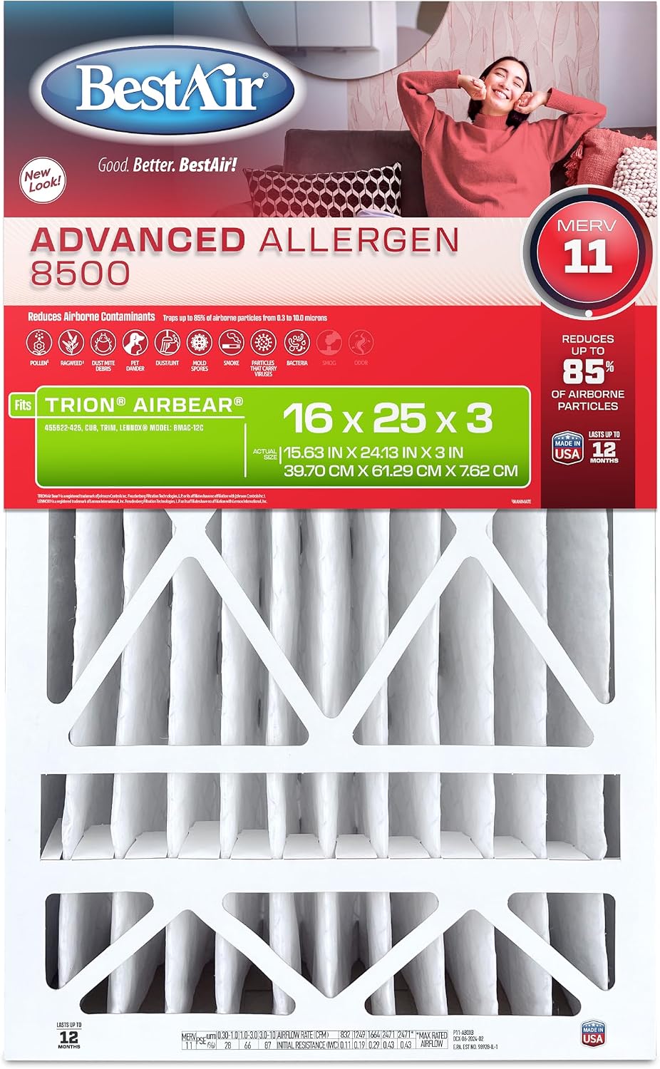 BestAir 16x25x3 Air Filter MERV 11 Advanced Allergen (3-Pack)
