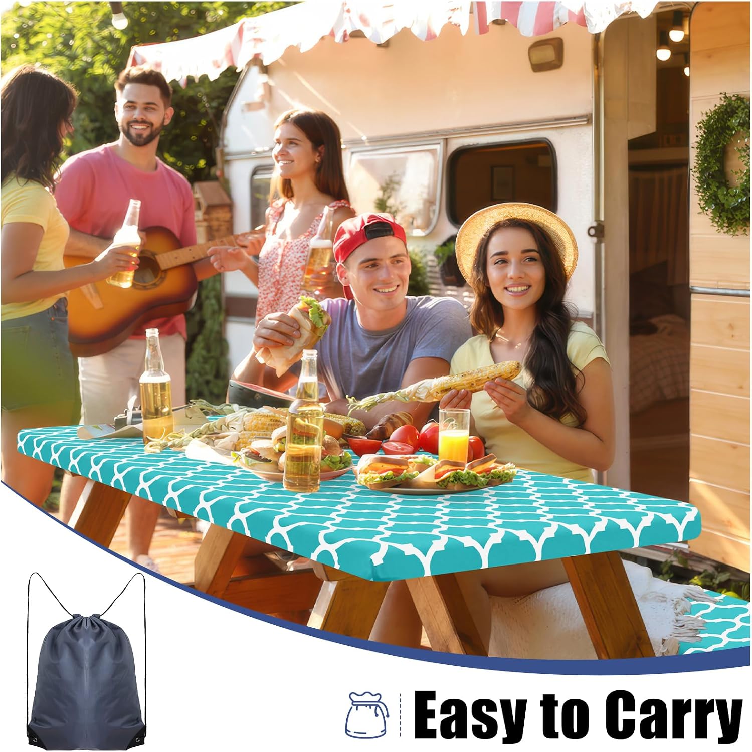 Smiry Picnic Table Cover with Bench Covers, Waterproof Elastic Fitted Tablecloth for 5 Foot Tables, Washable Polyester Tablecloths for Camping, Indoor & Outdoor (Teal, 30x60 Inch 3-pc Set)