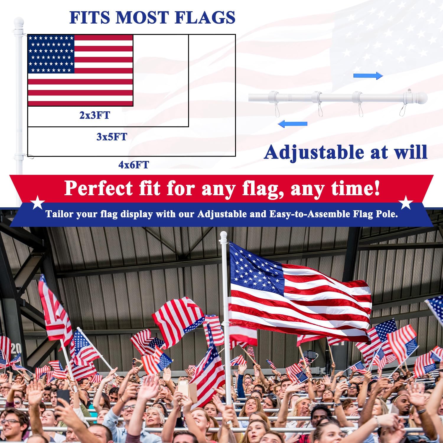 PHITRIC Flag Pole Kit, Tangle Free Spinning Stainless Steel Rustproof Flagpole for 3x5 Sports Fan Outdoor Flags for Outside House (White, 5FT, with Bracket)