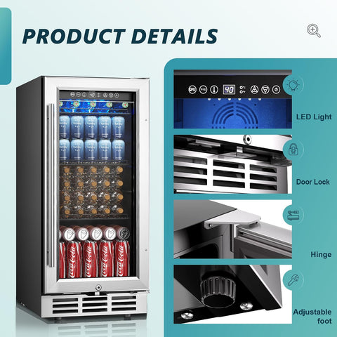 EUHOMY 15 Inch Beverage Refrigerator, 127 Can Under Counter Refrigerator