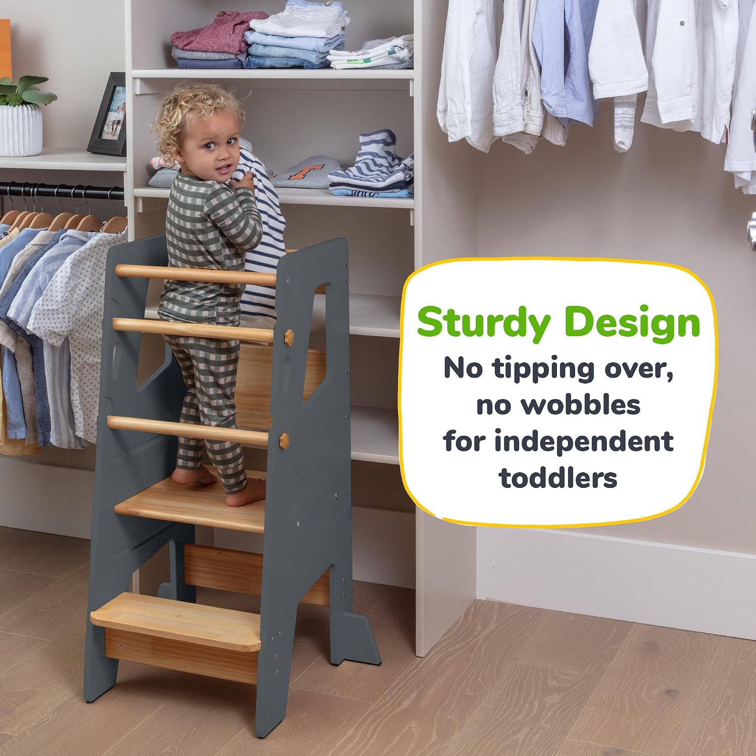 Toddler Standing Tower with 3 Safety Bars - Kitchen Stool Helper - Gray