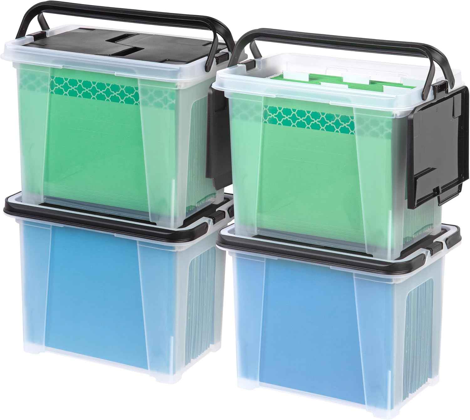 IRIS USA 4-Pack File Box Organizer with Wing Lid Letter/Legal 18 Qt, Clear | Organize letter and legal files, documents and paperwork with a wing lid for quick access and secure storage