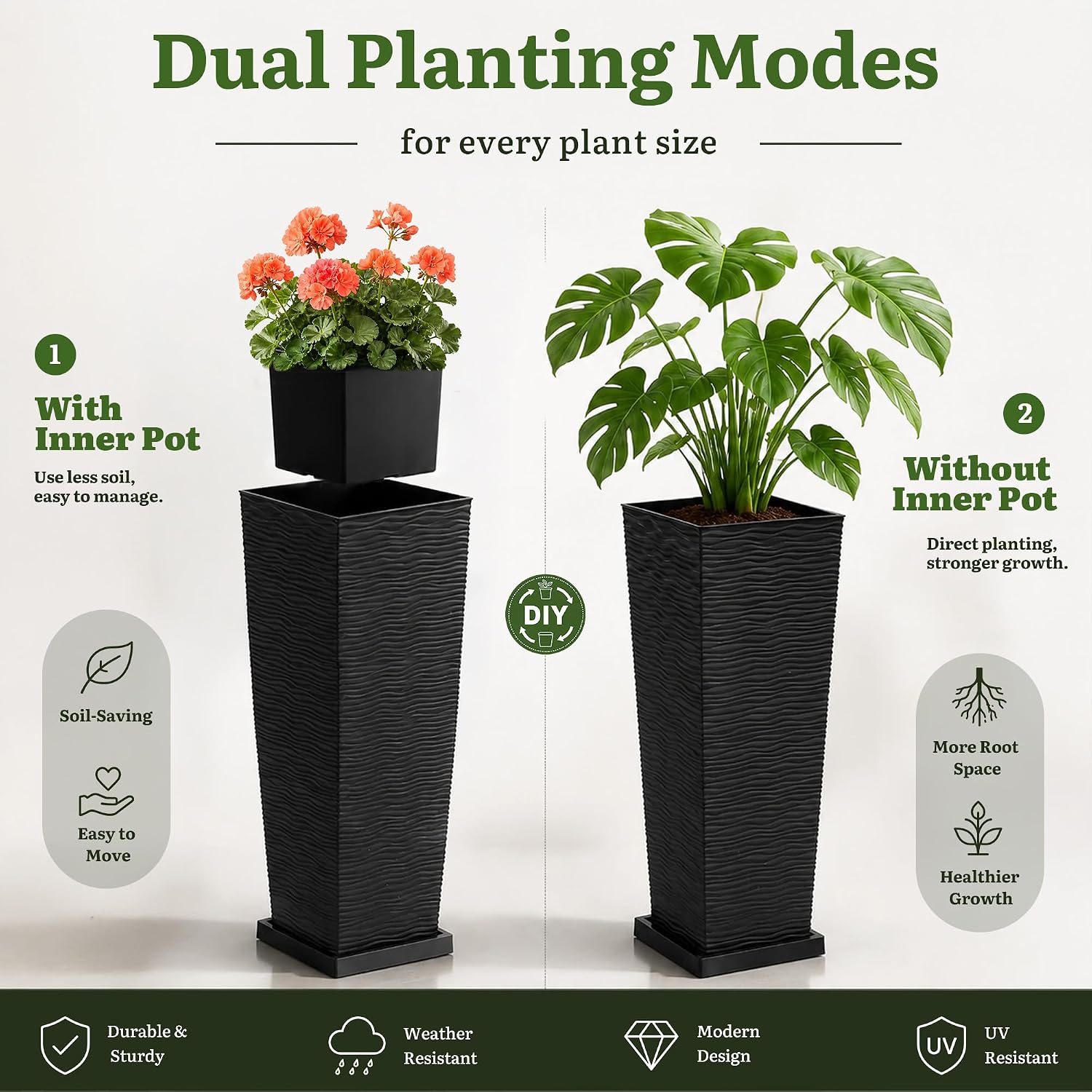 YITAHOME 2pcs Tall Planters 32" with Detachable Inner Pot, Outdoor Planter