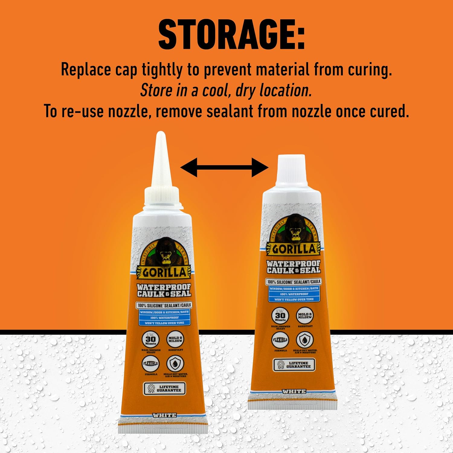 Gorilla 100% Silicone Caulk, Waterproof Sealant, 2.8oz Squeeze Tube, 2-Pack