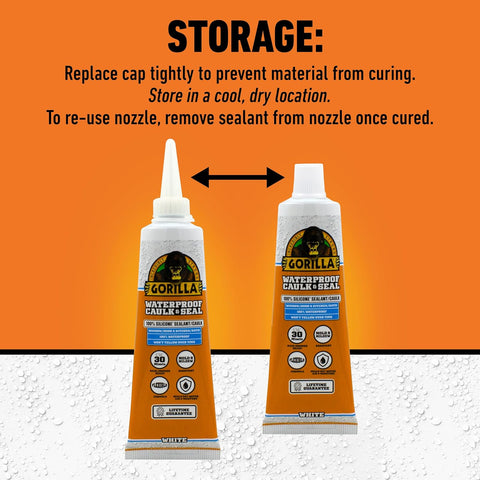 Gorilla 100% Silicone Caulk, Waterproof Sealant, 2.8oz Squeeze Tube, 2-Pack