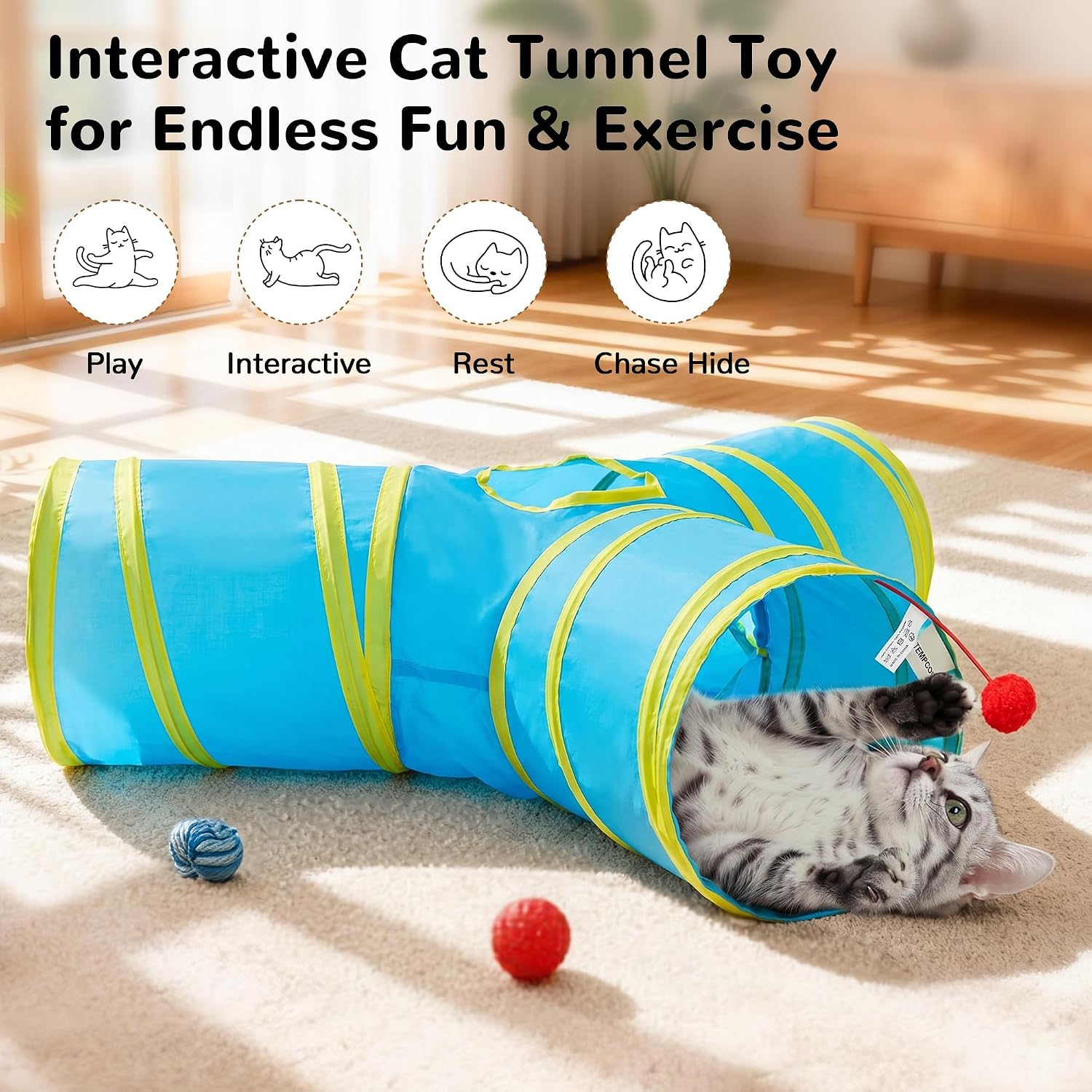 Tempcore Cat Tunnel, 3-Way Collapsible Toy for Indoor Cats, Blue & Yellow