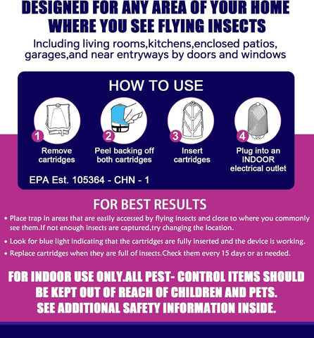 Flying Insect Trap for Indoor Use (2 Starters & 6 Refill Cartridges), UV Light Bug Catcher for Fruit Flies, Gnats & Small Flying Pests, Silent, No-Zap, Mess-Free
