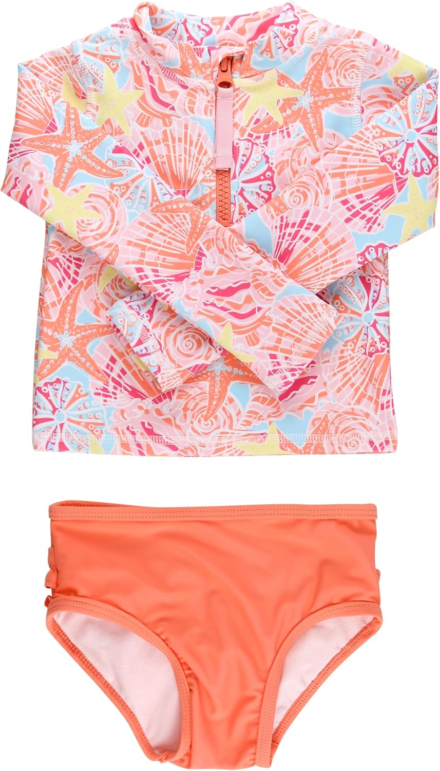 RuffleButts Girls Zipper Long Sleeve - Rash Guard 2-Piece Swimsuit UPF 50+