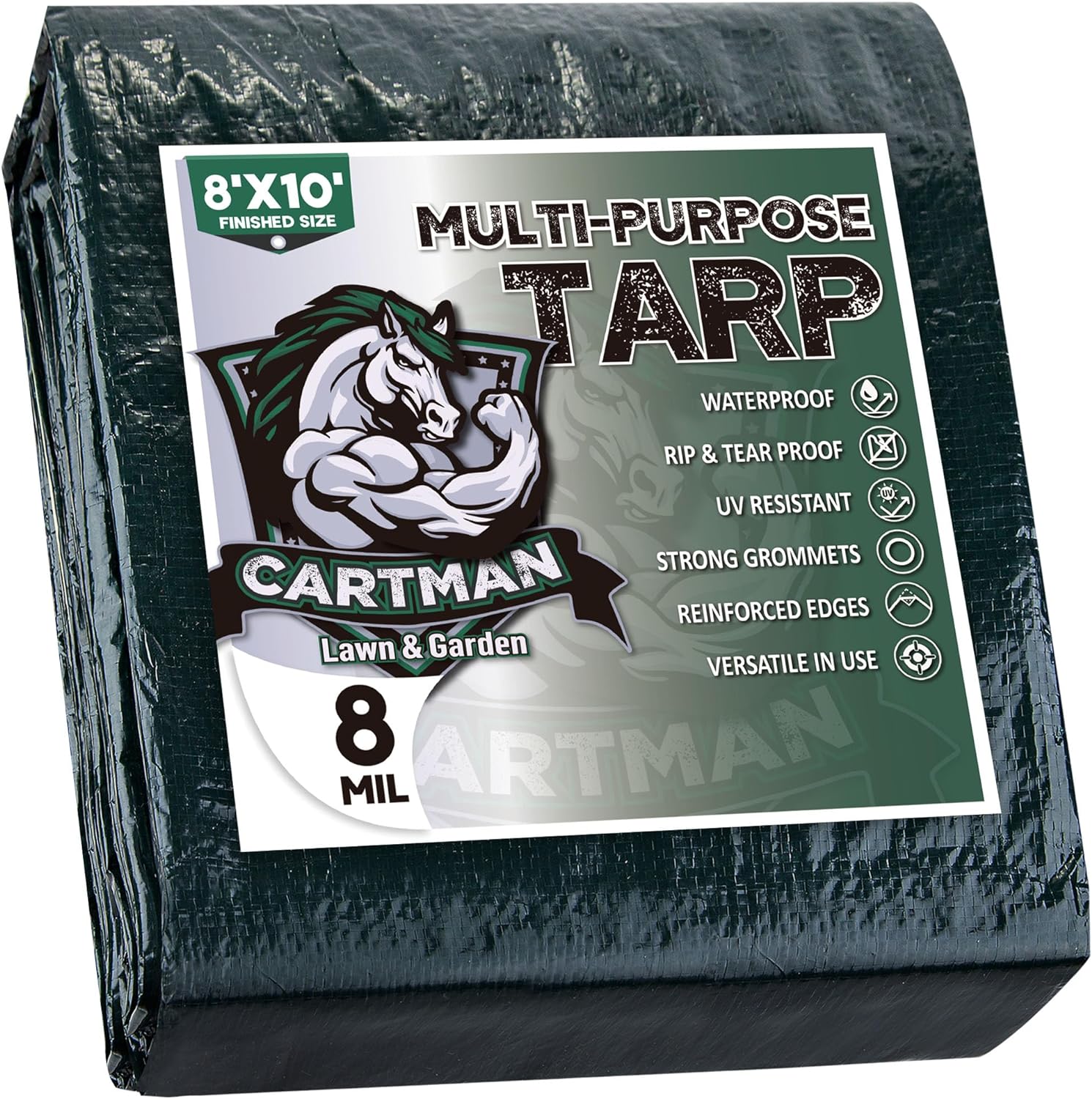 CARTMAN 8x10Ft Multipurpose Waterproof Poly Tarp Cover 8 Mil, Green