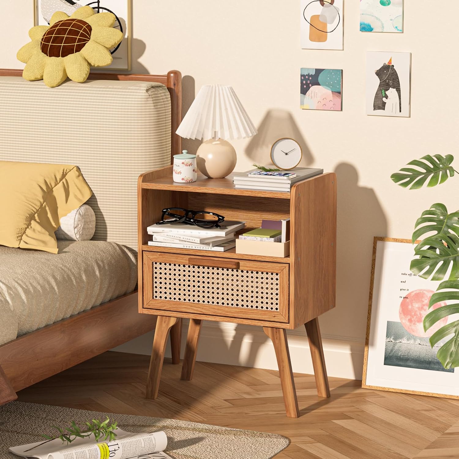 Lerliuo Rattan Nightstand, Side Table with Drawer Open Shelf