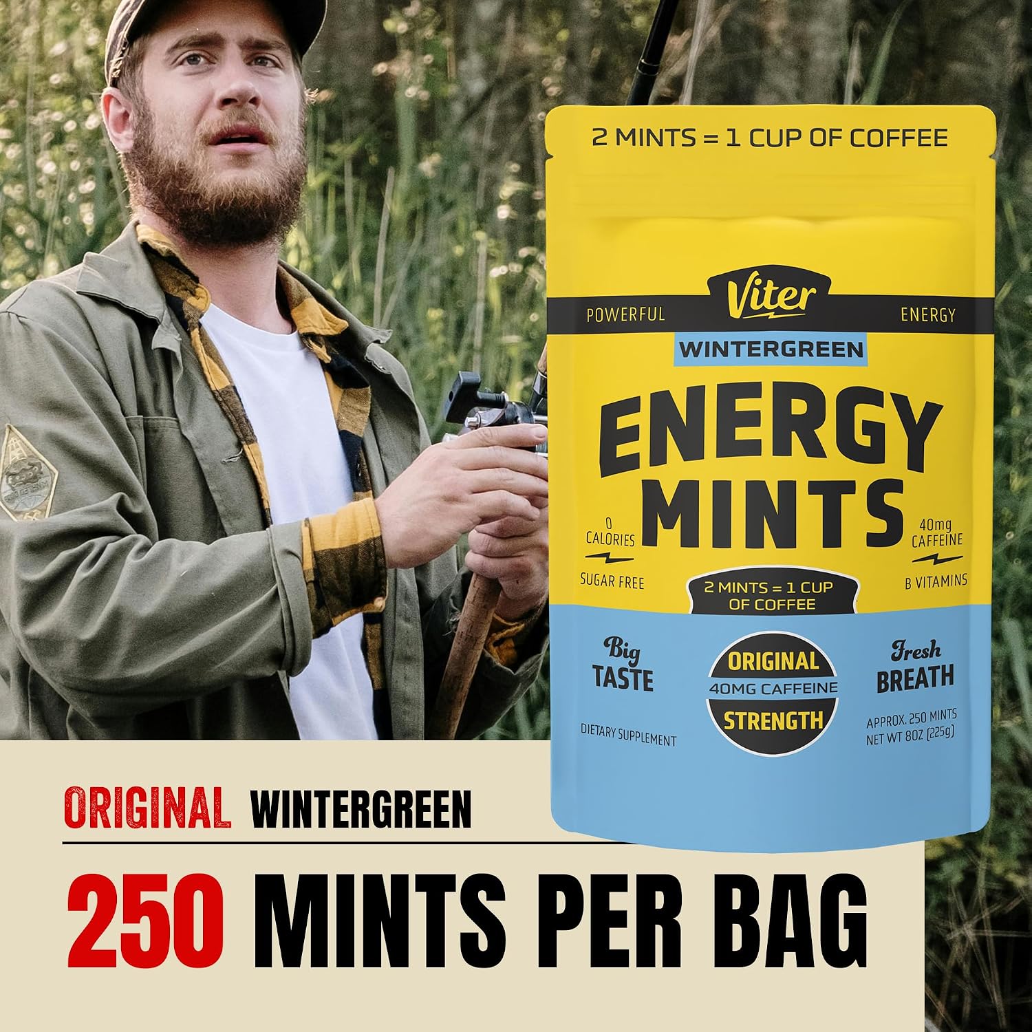 Viter Energy Caffeine Mints 40mg, Sugar Free, Wintergreen, 8oz Bulk Bag
