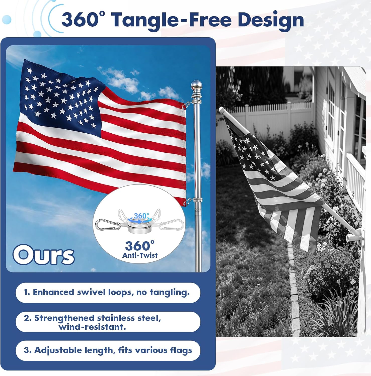 Anovo Flag Pole for Outside House - Stainless Steel 7 FT Flag Poles Kit with1 Inch Metal 360° Rotating Rustproof Flag Pole Rings for Outside House Porch 3x5 Flag Without Holder (7 FT-Sliver)