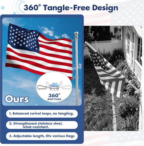 Anovo Flag Pole for Outside House - Stainless Steel 7 FT Flag Poles Kit with1 Inch Metal 360° Rotating Rustproof Flag Pole Rings for Outside House Porch 3x5 Flag Without Holder (7 FT-Sliver)