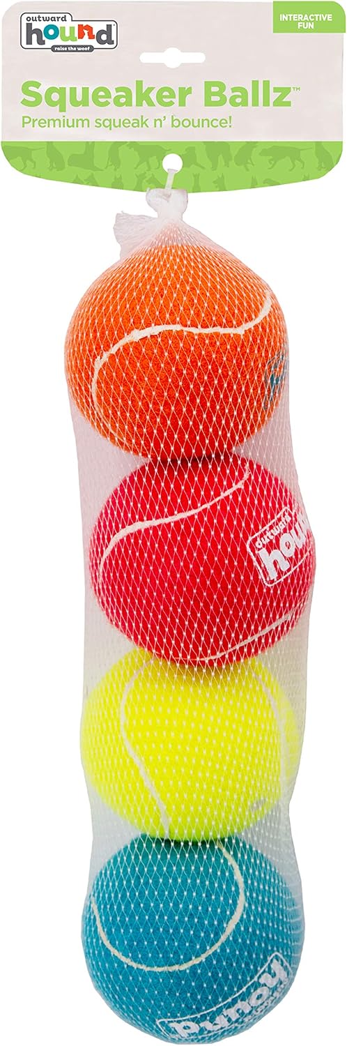 Outward Hound Squeaker Ballz Tennis Ball Dog Toy, Large, 3", 4-Pack