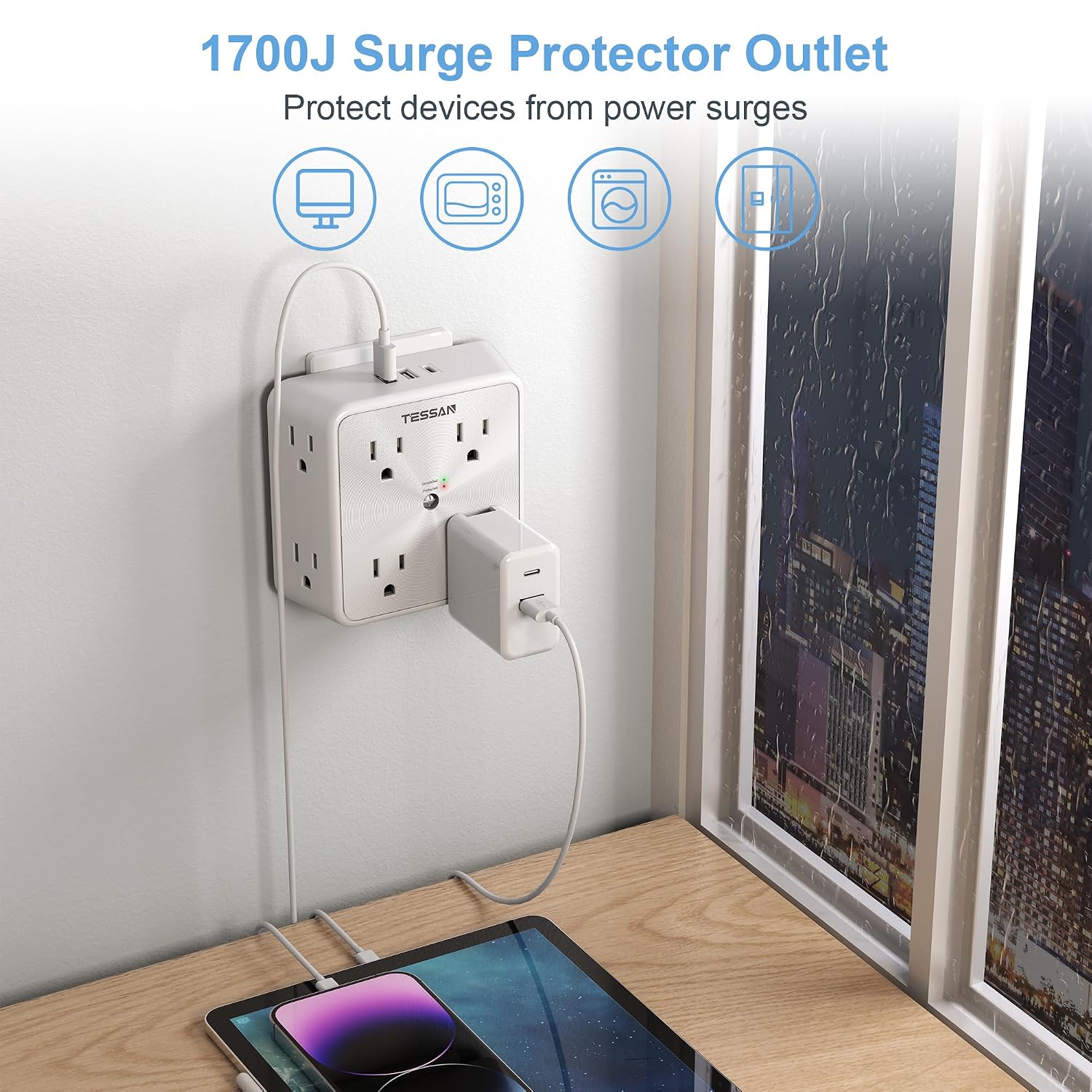 TESSAN 8 Outlet Surge Protector with 3 USB Wall Charger (1 USB C)