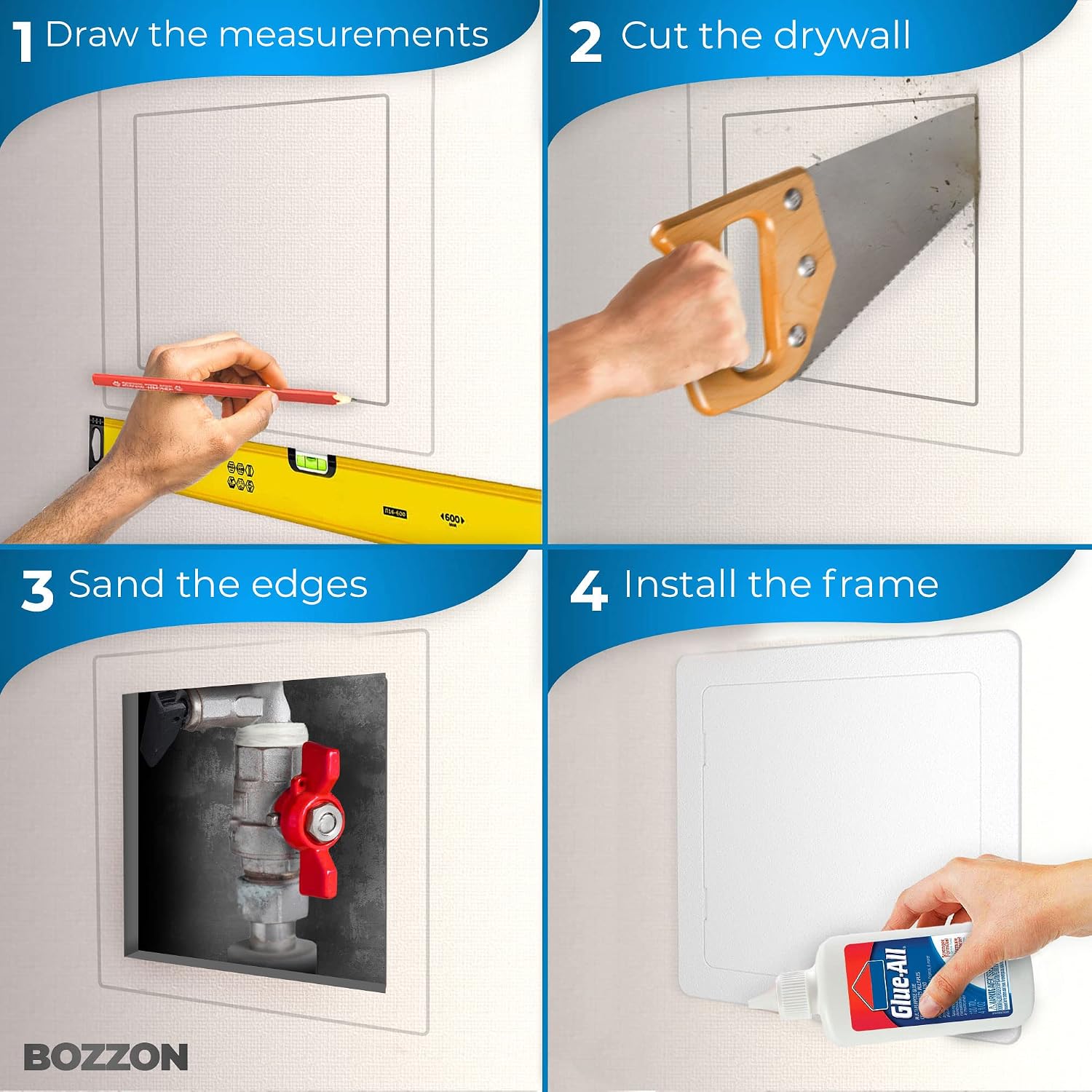 BOZZON Access Panel for Drywall - 12 x 12 in - Wall Hole Cover - Access Door - Plumbing Access Panel for Drywall - Heavy Durable Plastic White