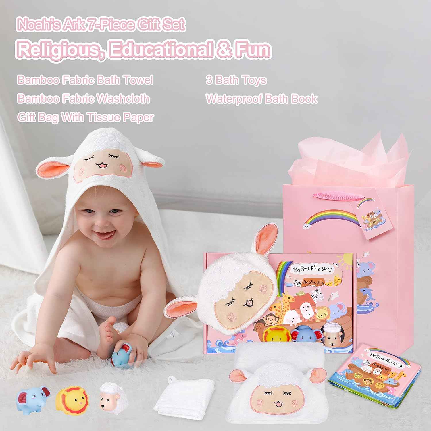 MyMateZoe My First Noahs Ark 7 pcs Baptism Gift Set, Dedication, Christening and Baptism Gifts for Girl and Newborn Baby, Includes Washcloth and Hooded Towel,Baby Bath Book, 3 Bath Toys and Gift Bag