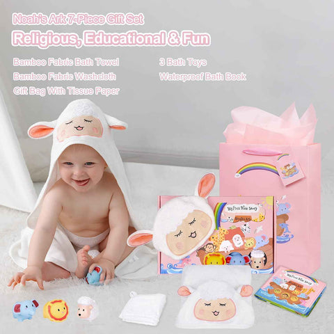 MyMateZoe My First Noahs Ark 7 pcs Baptism Gift Set, Dedication, Christening and Baptism Gifts for Girl and Newborn Baby, Includes Washcloth and Hooded Towel,Baby Bath Book, 3 Bath Toys and Gift Bag
