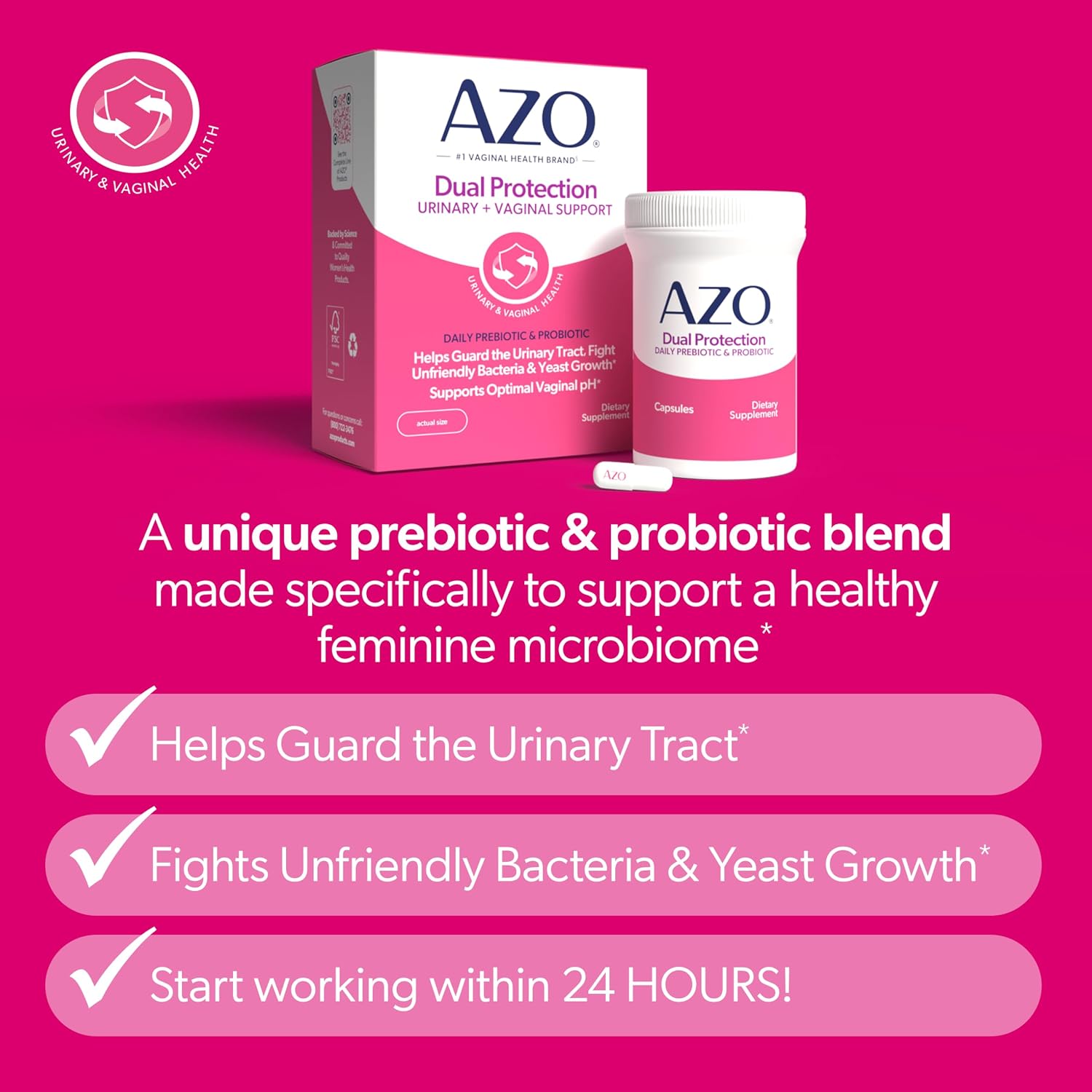 AZO Dual Protection Urinary + Vaginal, Women Probiotics & Prebiotics, 30 Ct | Made For Urinary Tract Health, Fights Unfriendly Bacteria & Yeast Growth, Supports Vaginal pH Balance & Odor*
