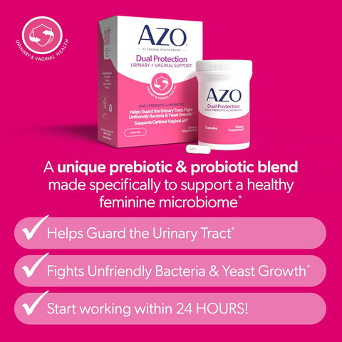 AZO Dual Protection Urinary + Vaginal, Women Probiotics & Prebiotics, 30 Ct | Made For Urinary Tract Health, Fights Unfriendly Bacteria & Yeast Growth, Supports Vaginal pH Balance & Odor*
