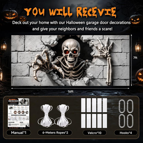 16 x 7 FT Halloween Garage Door Cover,Large 3D Skeleton Halloween Backdrop