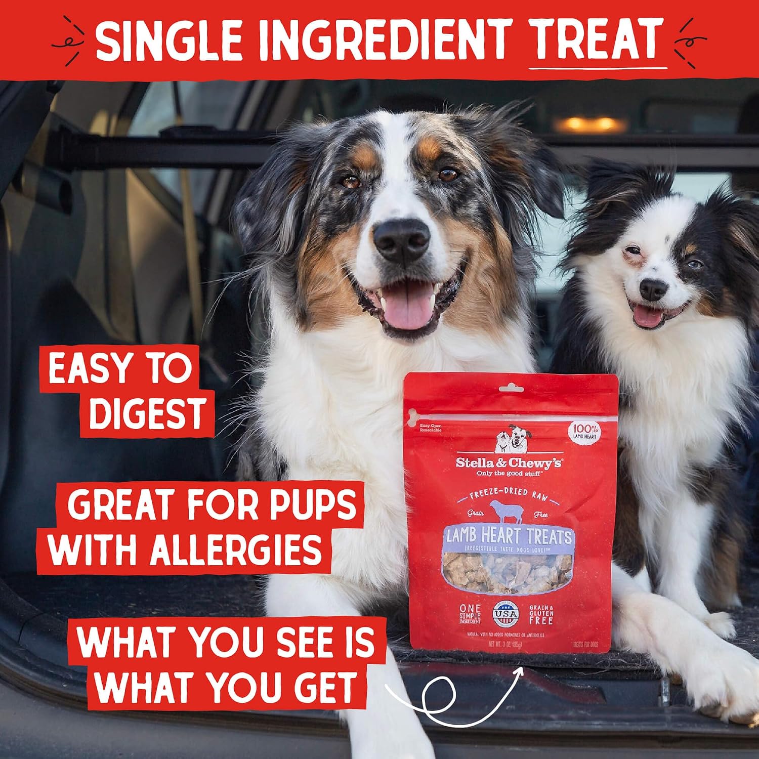 Stella & Chewy's Freeze-Dried Raw Lamb Heart Dog Treats - Single Ingredient, No Additives - Premium Training Treats - Perfect for Picky Eaters - 3oz Bag (Pack of 8)