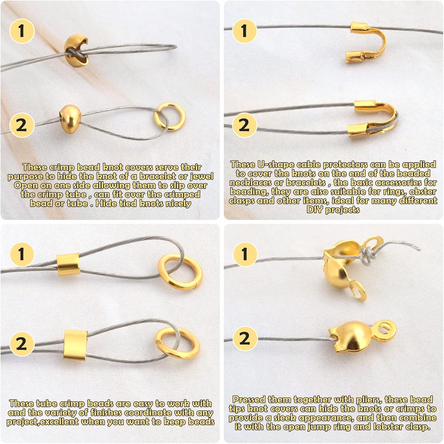 Acejoz 1203 Pcs Crimp Beads Supplies for Jewelry Making, Including Crimp Covers, Crimp Tubes and Wire Guardians, Lobster Clasps, Jump Rings, Crimping Pliers and Beading Wire for Bracelets Making