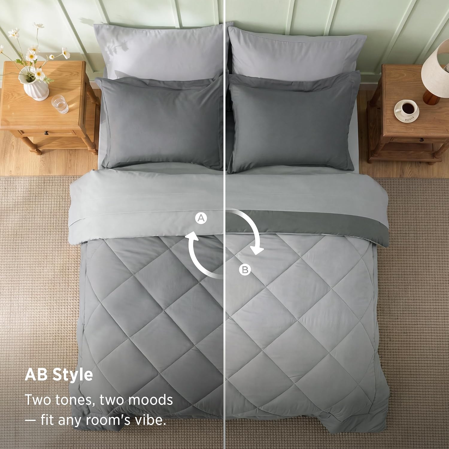 Bedsure Twin Comforter Set Reversible Bed Set 5 Pieces Grey/Light Grey