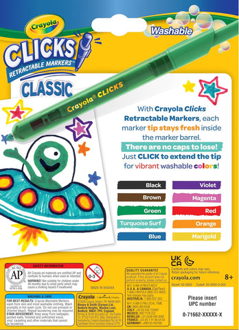 Crayola Clicks Retractable Tip Markers (10ct), Washable Cone Tip Art Marker Set, Cute Aesthetic School Supplies, Classroom Must Haves, Ages 3+ | Washable Cone Tip Art Marker Set, Cute Aesthetic School Supplies, Classroom Must Haves, Ages 3+
