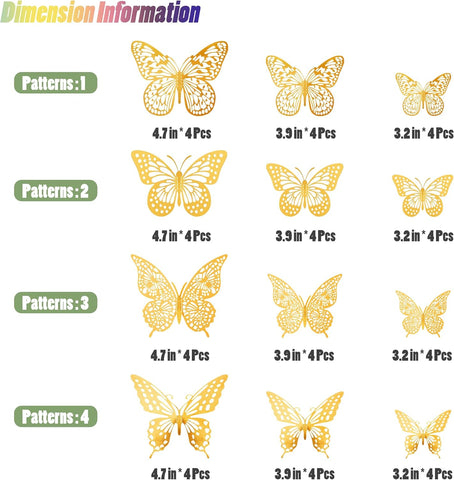 SAOROPEB 3D Butterfly Wall Decor 48 Pcs Gold Butterfly Birthday Decorations