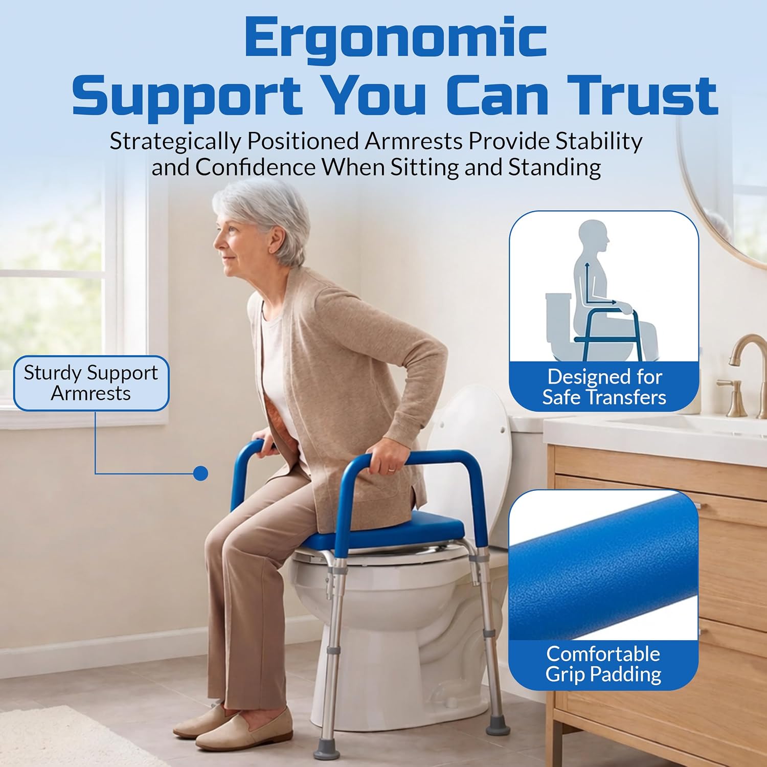 Ultimate Raised Toilet Seat with Handles, Padded, Armrests, Adjustable Height, Premium Elevated Toilet Seat for Elderly Bathroom Safety with Arms, Standard and Elongated Toilets