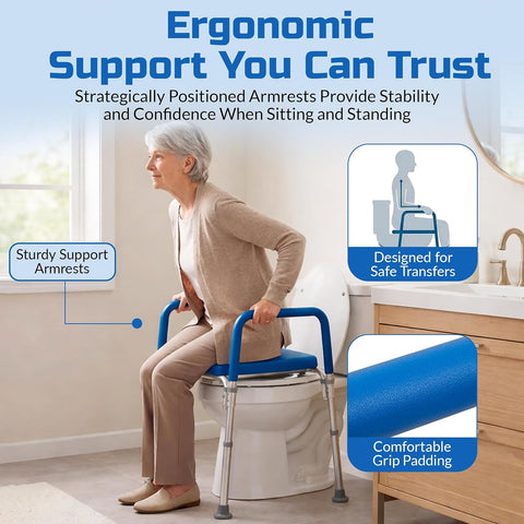Ultimate Raised Toilet Seat with Handles, Padded, Armrests, Adjustable Height, Premium Elevated Toilet Seat for Elderly Bathroom Safety with Arms, Standard and Elongated Toilets