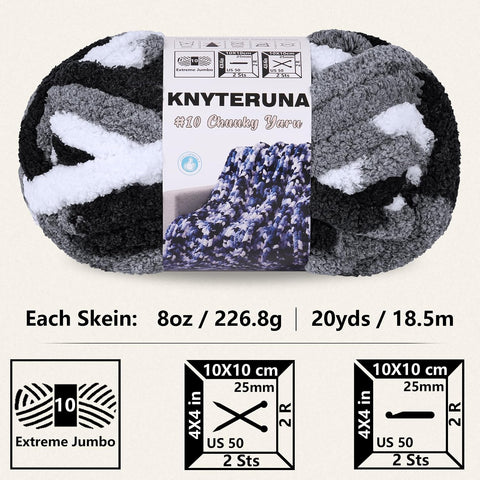 Chunky Yarn for Hand Knitting, #10 Chunky Blanket Chenille Yarn, Bulky Thick Jumbo Yarn, Super Chunky Knit Yarn for Crocheting, 8 Skein (8 oz 20 yds Each Skein), Tie Dye Black & Grey & White