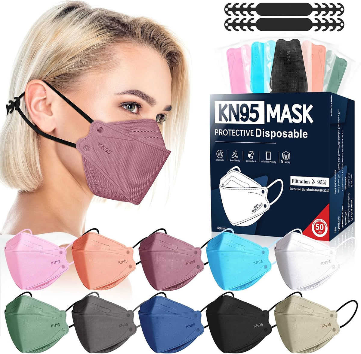 FENFEN KN95 Face Masks Disposable Adults - 50 Pack 5 Layer Protection Dust Breathable Comfortable Respirator Women KN95 Mask Individually Wrapped