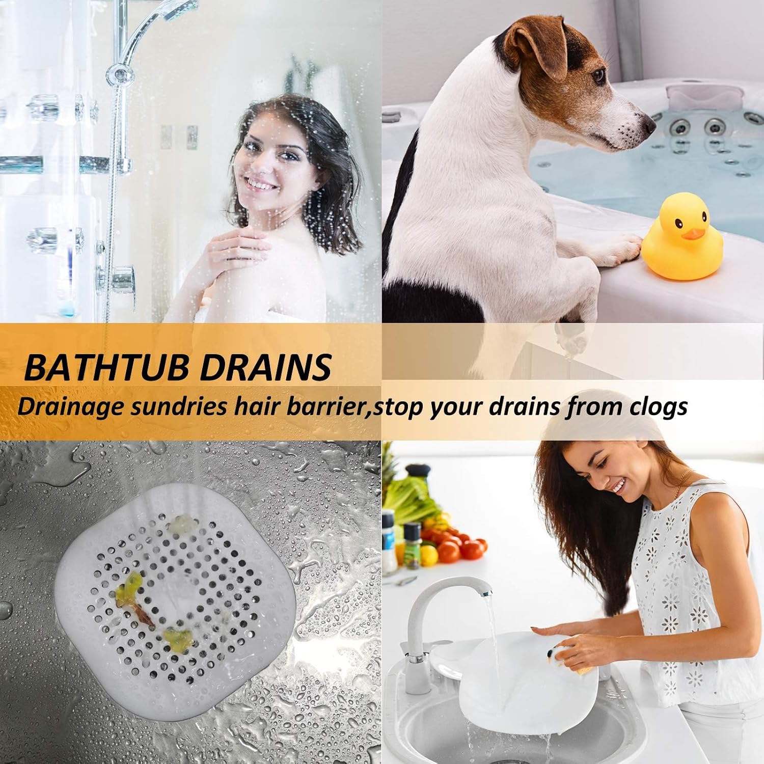 Hair Drain Catcher,Square Drain Cover for Shower Silicone Hair Stopper with Suction Cup,Easy to Install Suit for Bathroom,Bathtub,Kitchen 2 Pack (Grey White)