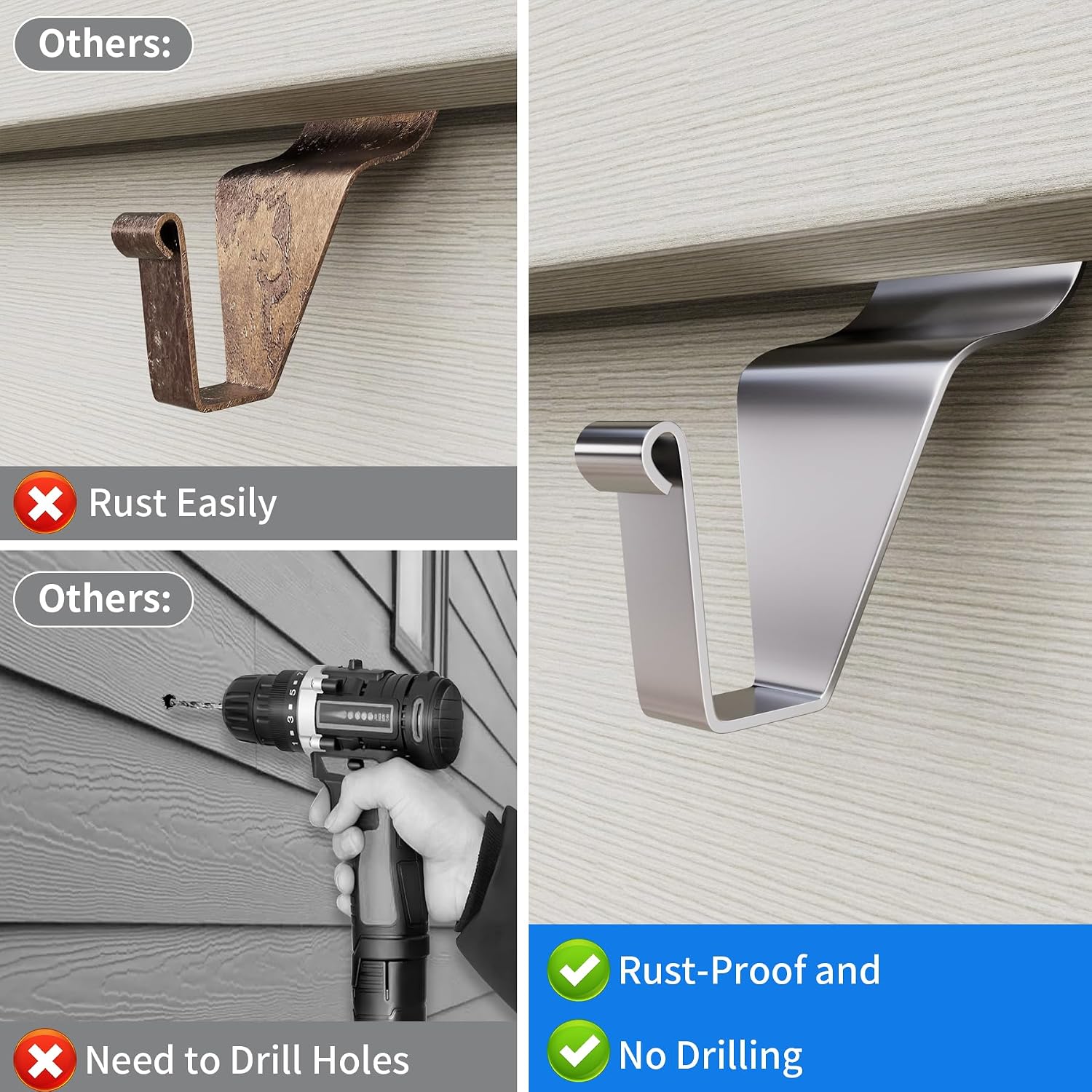 Amuille No-Hole Vinyl Siding Hooks 20 Pcs, Stainless Steel Clip 12 LBS Load