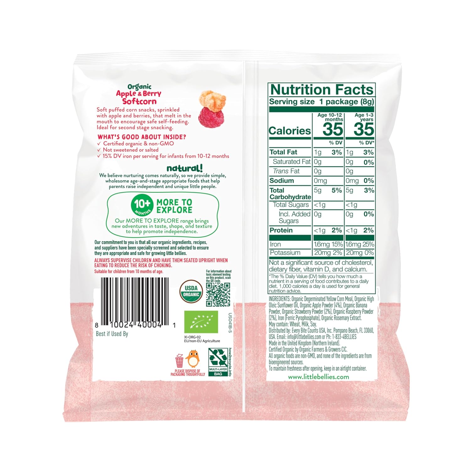 Little Bellies Organic Softcorn Variety Pack, Apple & Berry and Banana (Pack of 18 x 0.28 oz Individual Packs)